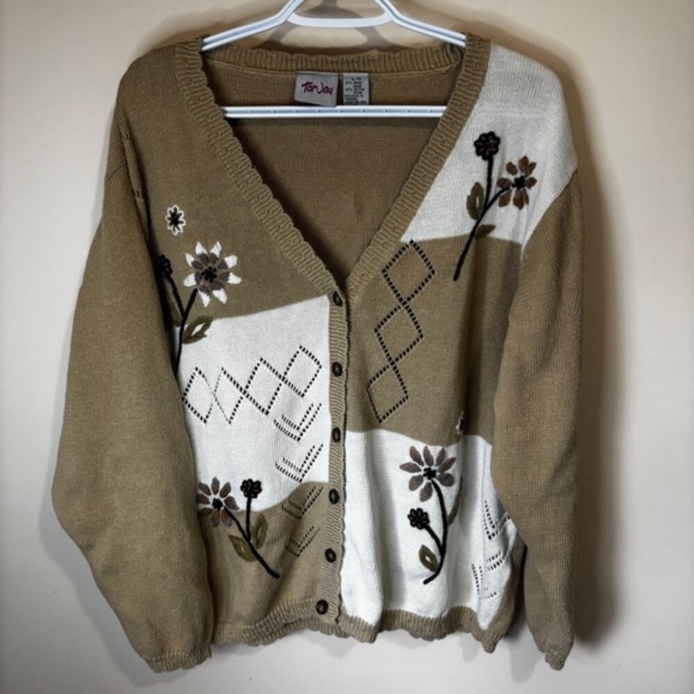 TanJay Women’s Large Cottagecore Tan/Brown Cotton Knit Top Floral Detail Buttons